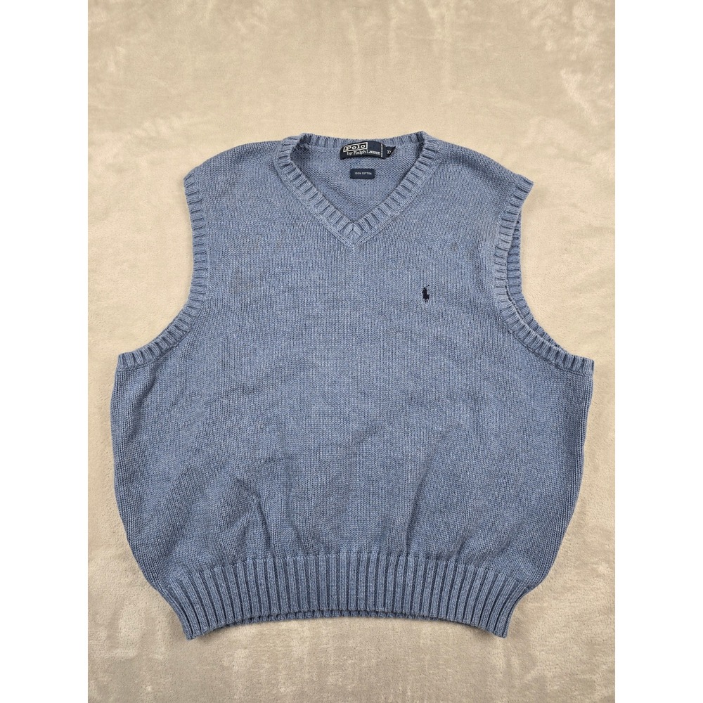 Vintage Polo Ralph Lauren Sweater Vest Men XXL Blue Cotton V-Neck Knit Y2K *Read